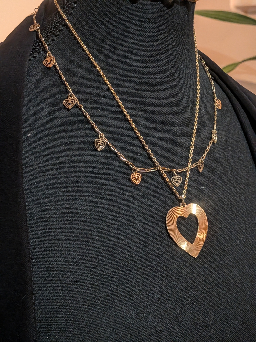 Vintage Gold Heart Charm Necklace & Textured Heart Pendant Stack Set 2pc